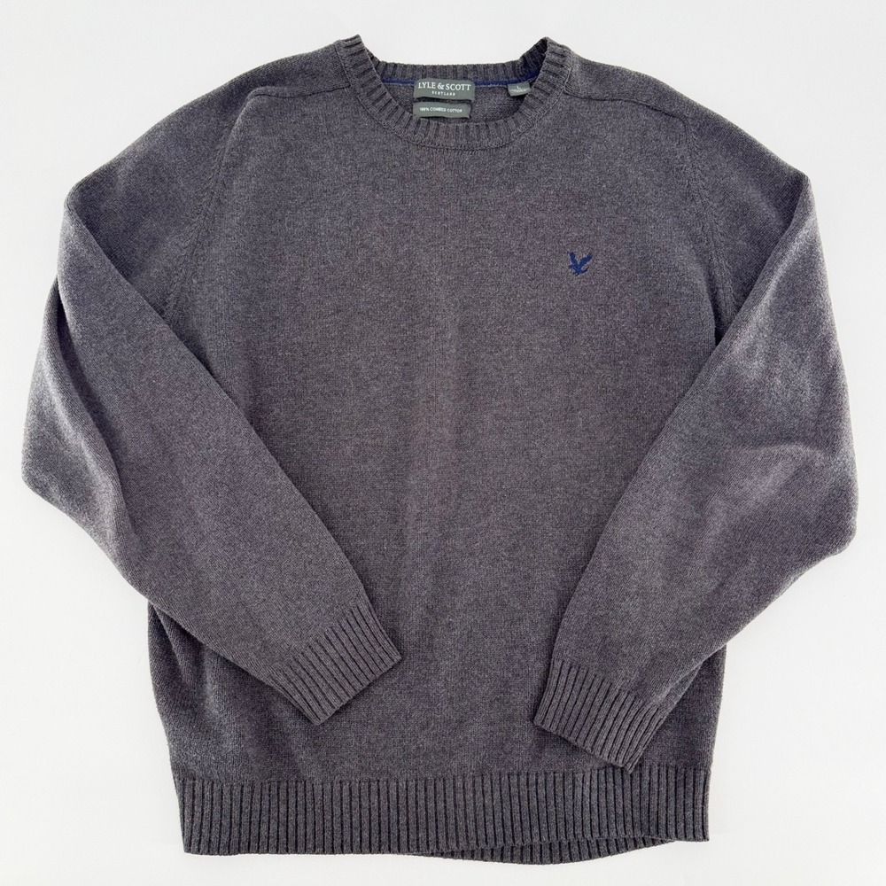 LYLE & SCOTT Mens Gray Cotton Crewneck Sweater Large Embroidered Eagle Logo